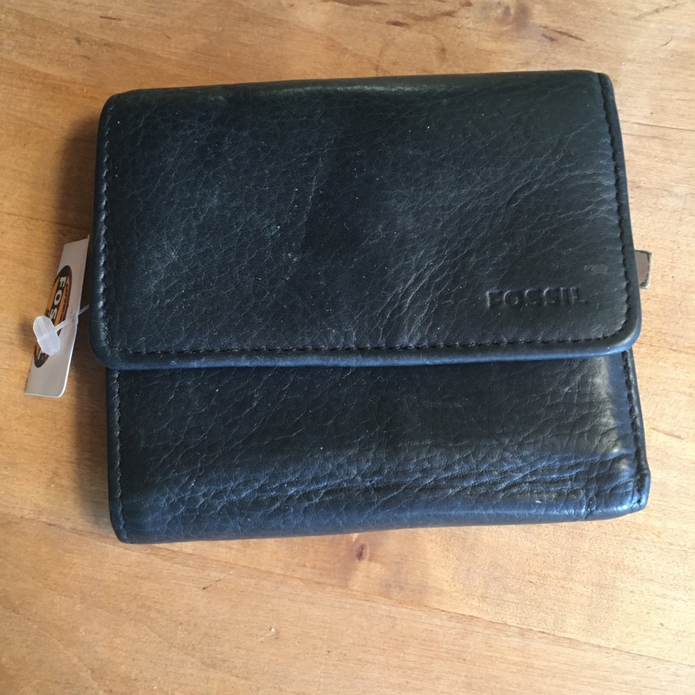 [Fossil] black new tags trifold wallet leather